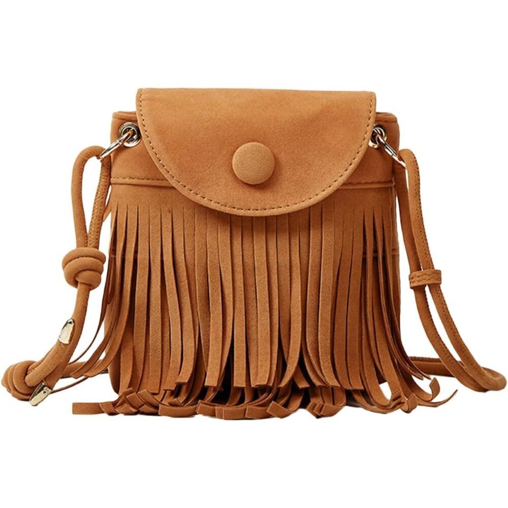 Women's Fringe Suede Crossbody Bag Woven Tassel Boho Clutch Purse